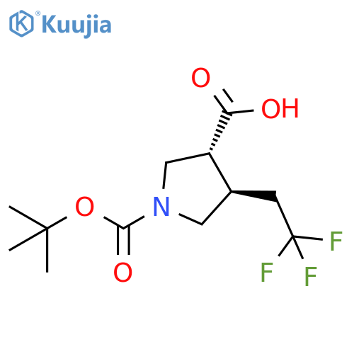 (3R,4R)-1-[(2-Methylpropan-2-yl)oxycarbonyl]-4-(2,2,2-trifluoroethyl)pyrrolidine-3-carboxylic acid structure
