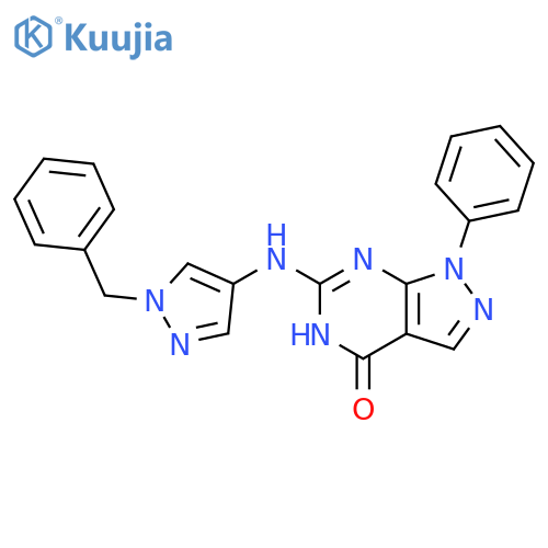 4H-Pyrazolo[3,4-d]pyrimidin-4-one, 1,5-dihydro-1-phenyl-6-[[1-(phenylmethyl)-1H-pyrazol-4-yl]amino]- structure