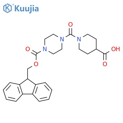 1-(4-{(9H-fluoren-9-yl)methoxycarbonyl}piperazine-1-carbonyl)piperidine-4-carboxylic acid structure
