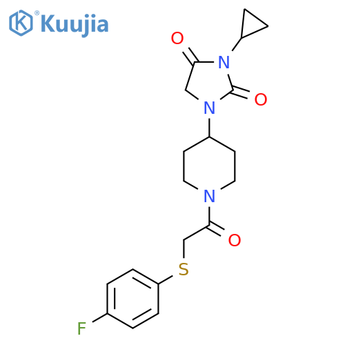3-cyclopropyl-1-(1-{2-(4-fluorophenyl)sulfanylacetyl}piperidin-4-yl)imidazolidine-2,4-dione structure