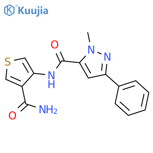 N-(4-carbamoylthiophen-3-yl)-1-methyl-3-phenyl-1H-pyrazole-5-carboxamide structure