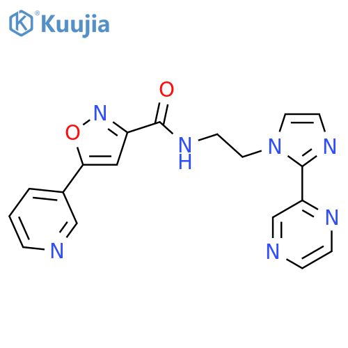 N-{2-2-(pyrazin-2-yl)-1H-imidazol-1-ylethyl}-5-(pyridin-3-yl)-1,2-oxazole-3-carboxamide structure