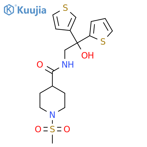 N-2-hydroxy-2-(thiophen-2-yl)-2-(thiophen-3-yl)ethyl-1-methanesulfonylpiperidine-4-carboxamide structure