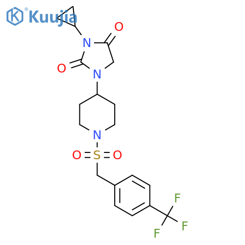 3-cyclopropyl-1-(1-{4-(trifluoromethyl)phenylmethanesulfonyl}piperidin-4-yl)imidazolidine-2,4-dione structure