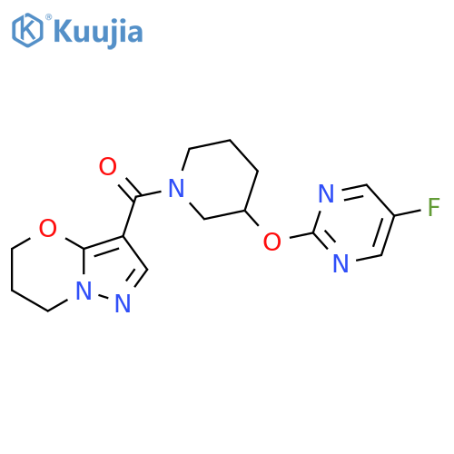 5-fluoro-2-[(1-{5H,6H,7H-pyrazolo[3,2-b][1,3]oxazine-3-carbonyl}piperidin-3-yl)oxy]pyrimidine structure