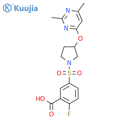 5-({3-(2,6-dimethylpyrimidin-4-yl)oxypyrrolidin-1-yl}sulfonyl)-2-fluorobenzoic acid structure