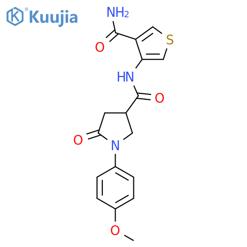 N-(4-carbamoylthiophen-3-yl)-1-(4-methoxyphenyl)-5-oxopyrrolidine-3-carboxamide structure