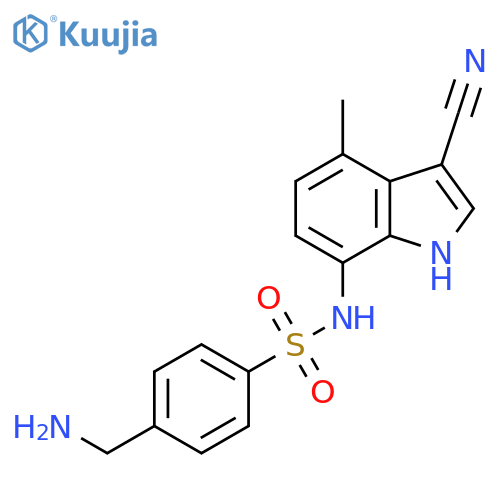 4-(aminomethyl)-N-(3-cyano-4-methyl-1H-indol-7-yl)benzene-1-sulfonamide structure