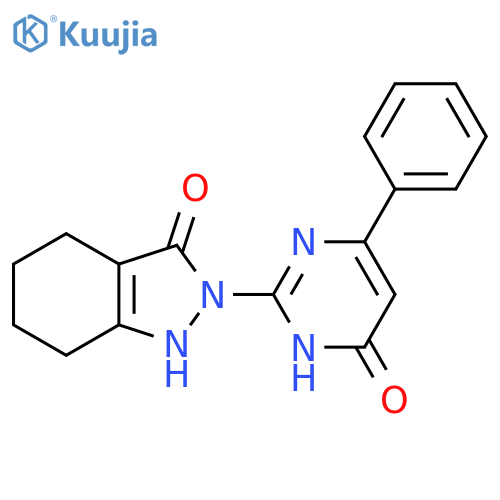 2-(6-oxo-4-phenyl-1,6-dihydropyrimidin-2-yl)-2,3,4,5,6,7-hexahydro-1H-indazol-3-one structure