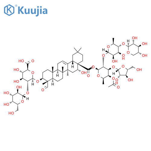 β-D-Glucopyranosiduronic acid, (3β,4α,16α)-28-[(O-β-D-arabinofuranosyl-(1→3)-O-[O-β-D-xylopyranosyl-(1→4)-6-deoxy-α-L-mannopyranosyl-(1→2)]-4-O-acetyl-6-deoxy-β-D-galactopyranosyl)oxy]-16-hydroxy-23,28-dioxoolean-12-en-3-yl 2-O-β-D-galactopyranosyl- structure