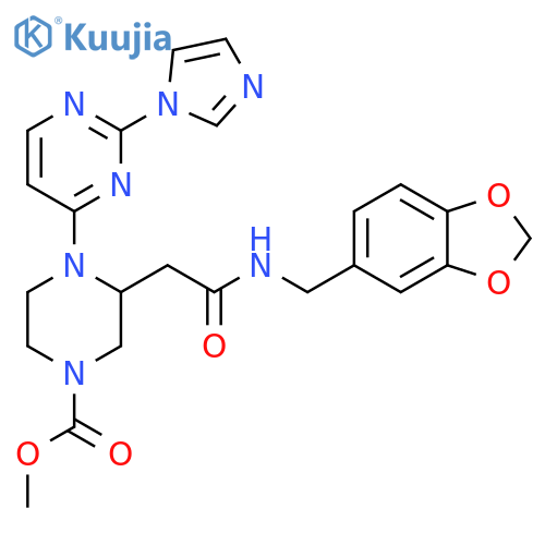 1-Piperazinecarboxylic acid, 3-[2-[(1,3-benzodioxol-5-ylmethyl)amino]-2-oxoethyl]-4-[2-(1H-imidazol-1-yl)-4-pyrimidinyl]-, methyl ester structure