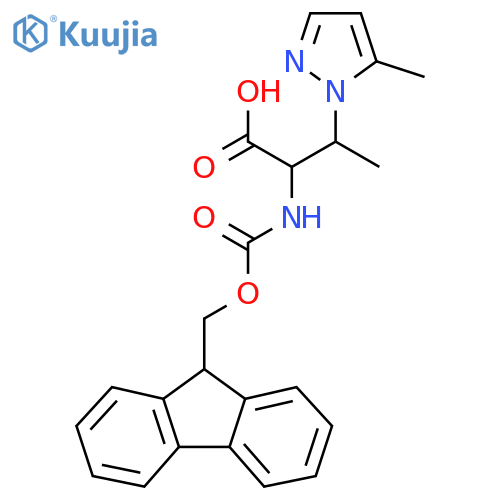 2-({(9H-fluoren-9-yl)methoxycarbonyl}amino)-3-(5-methyl-1H-pyrazol-1-yl)butanoic acid structure