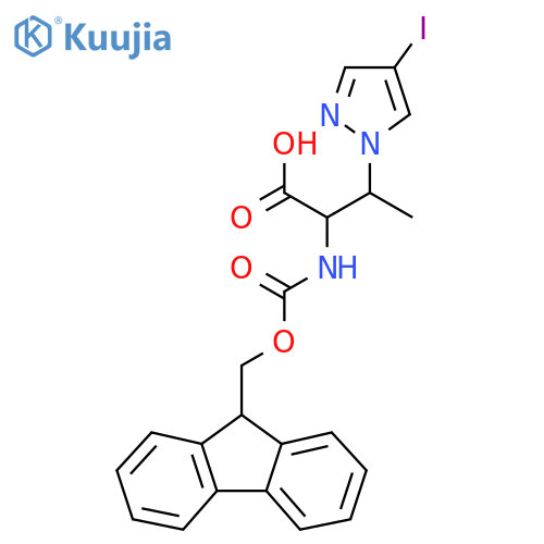2-({(9H-fluoren-9-yl)methoxycarbonyl}amino)-3-(4-iodo-1H-pyrazol-1-yl)butanoic acid structure