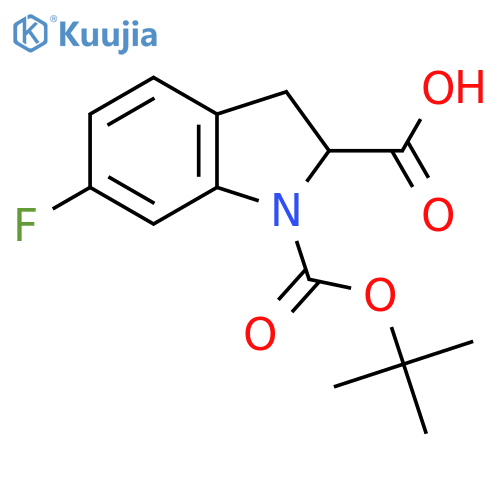 1-tert-butoxycarbonyl-6-fluoro-indoline-2-carboxylic acid structure