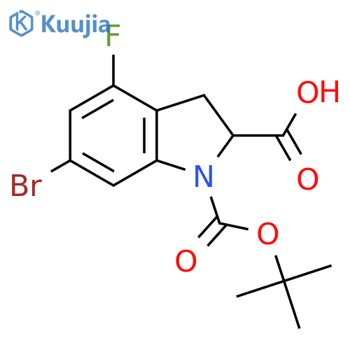 6-Bromo-4-fluoro-1-[(2-methylpropan-2-yl)oxycarbonyl]-2,3-dihydroindole-2-carboxylic acid structure
