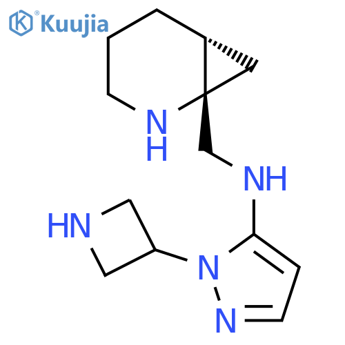 rac-N-{(1R,6S)-2-azabicyclo4.1.0heptan-1-ylmethyl}-1-(azetidin-3-yl)-1H-pyrazol-5-amine structure