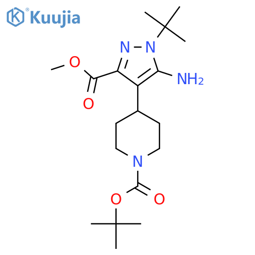 tert-butyl 4-5-amino-1-tert-butyl-3-(methoxycarbonyl)-1H-pyrazol-4-ylpiperidine-1-carboxylate structure