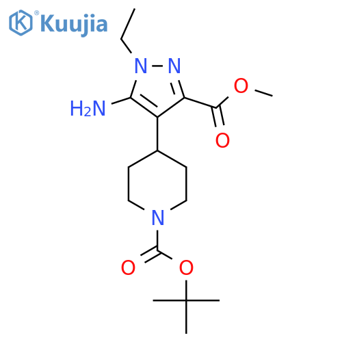 tert-butyl 4-5-amino-1-ethyl-3-(methoxycarbonyl)-1H-pyrazol-4-ylpiperidine-1-carboxylate structure