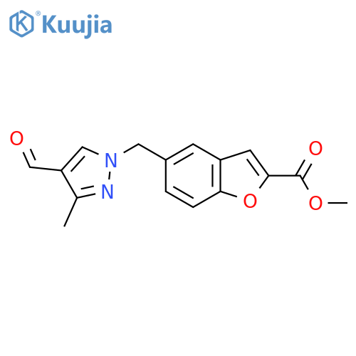 methyl 5-[(4-formyl-3-methyl-1H-pyrazol-1-yl)methyl]-1-benzofuran-2-carboxylate structure