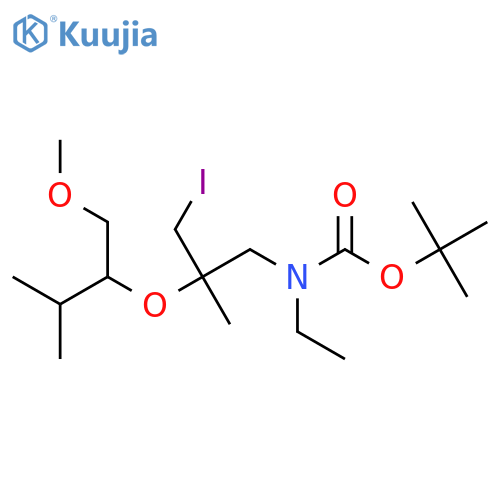 tert-butyl N-ethyl-N-{3-iodo-2-(1-methoxy-3-methylbutan-2-yl)oxy-2-methylpropyl}carbamate structure