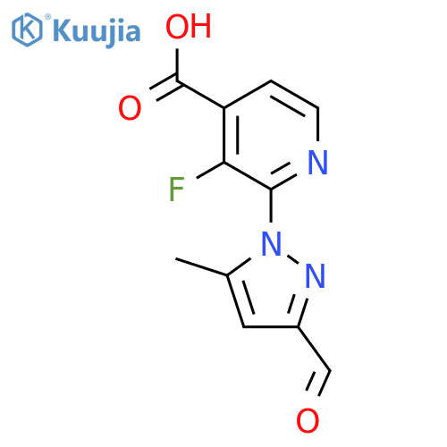 3-fluoro-2-(3-formyl-5-methyl-1H-pyrazol-1-yl)pyridine-4-carboxylic acid structure