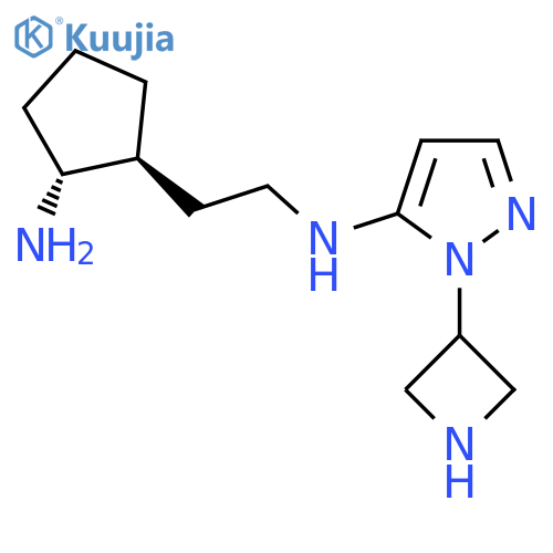 rac-N-{2-(1R,2S)-2-aminocyclopentylethyl}-1-(azetidin-3-yl)-1H-pyrazol-5-amine structure