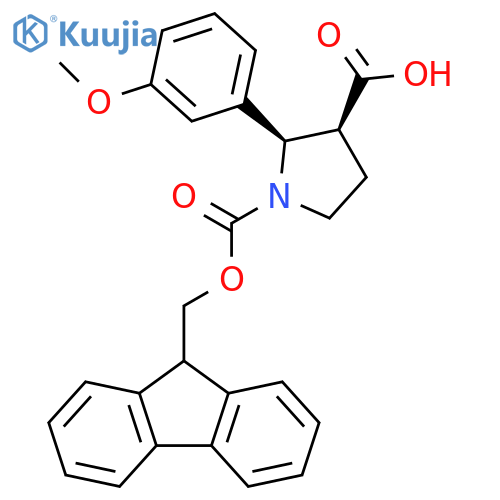 rac-(2R,3S)-1-{(9H-fluoren-9-yl)methoxycarbonyl}-2-(3-methoxyphenyl)pyrrolidine-3-carboxylic acid structure