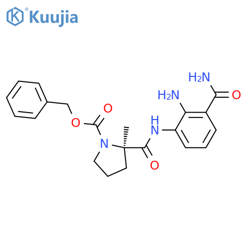 Phenylmethyl (2R)-2-[[[2-amino-3-(aminocarbonyl)phenyl]amino]carbonyl]-2-methyl-1-pyrrolidinecarboxylate structure