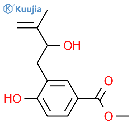 4-Hydroxy-3-(2-hydroxy-3-methyl-3-butenyl)benzoic acid; Me ester structure