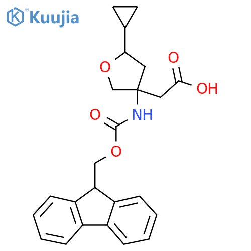 2-5-cyclopropyl-3-({(9H-fluoren-9-yl)methoxycarbonyl}amino)oxolan-3-ylacetic acid structure