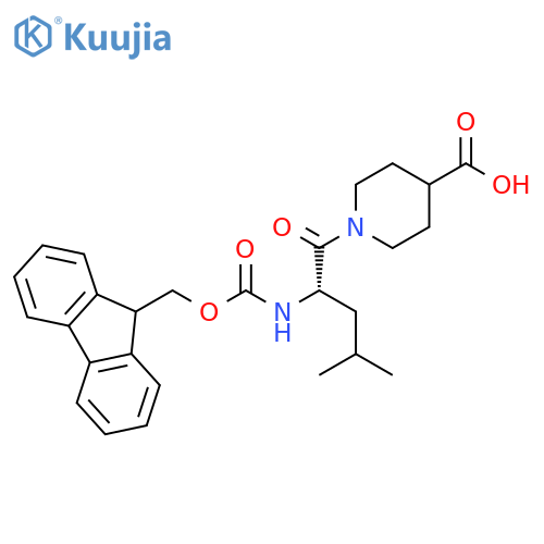 1-[(2S)-2-{[(9H-fluoren-9-ylmethoxy)carbonyl]amino}-4-methylpentanoyl]piperidine-4-carboxylic acid structure