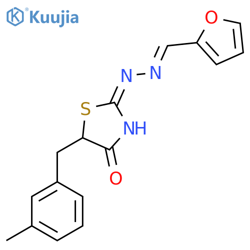 (2E)-2-(E)-2-(furan-2-yl)methylidenehydrazin-1-ylidene-5-(3-methylphenyl)methyl-1,3-thiazolidin-4-one structure