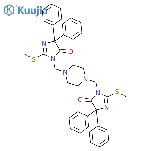 3,3'-(piperazine-1,4-diyldimethanediyl)bis[2-(methylsulfanyl)-5,5-diphenyl-3,5-dihydro-4H-imidazol-4-one] structure