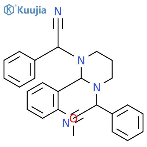 2-[3-[cyano(phenyl)methyl]-2-(2-methoxyphenyl)-1,3-diazinan-1-yl]-2-phenylacetonitrile structure