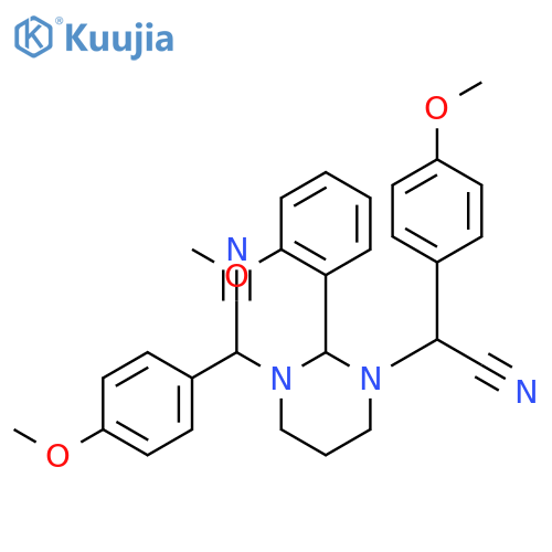 2-[3-[cyano-(4-methoxyphenyl)methyl]-2-(2-methoxyphenyl)-1,3-diazinan-1-yl]-2-(4-methoxyphenyl)acetonitrile structure
