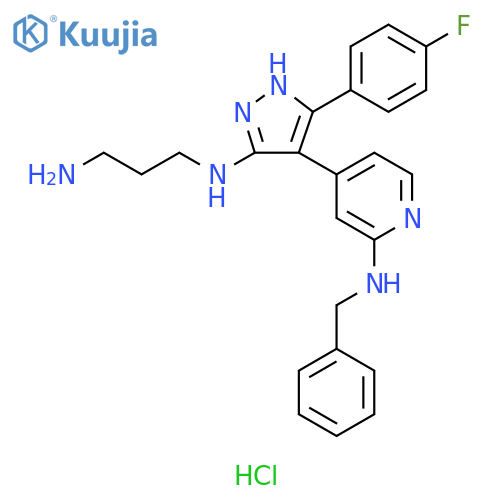 1,3-Propanediamine, N1-[5-(4-fluorophenyl)-4-[2-[(phenylmethyl)amino]-4-pyridinyl]-1H-pyrazol-3-yl]-, hydrochloride (1:3) structure