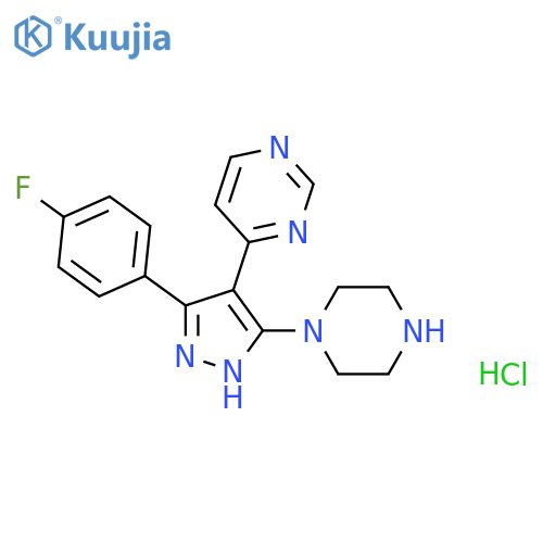 Pyrimidine, 4-[3-(4-fluorophenyl)-5-(1-piperazinyl)-1H-pyrazol-4-yl]-, hydrochloride (1:2) structure