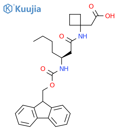 2-{1-(3S)-3-({(9H-fluoren-9-yl)methoxycarbonyl}amino)heptanamidocyclobutyl}acetic acid structure