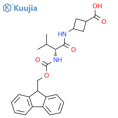 3-(2R)-2-({(9H-fluoren-9-yl)methoxycarbonyl}amino)-3-methylbutanamidocyclobutane-1-carboxylic acid structure