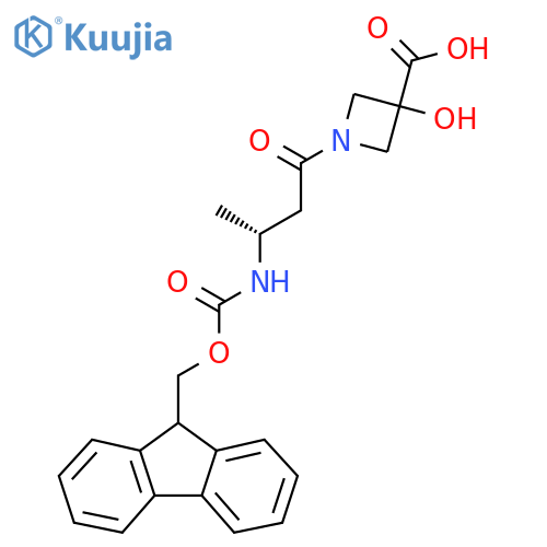 1-(3R)-3-({(9H-fluoren-9-yl)methoxycarbonyl}amino)butanoyl-3-hydroxyazetidine-3-carboxylic acid structure