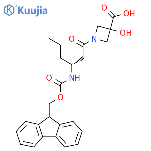 1-(3R)-3-({(9H-fluoren-9-yl)methoxycarbonyl}amino)hexanoyl-3-hydroxyazetidine-3-carboxylic acid structure