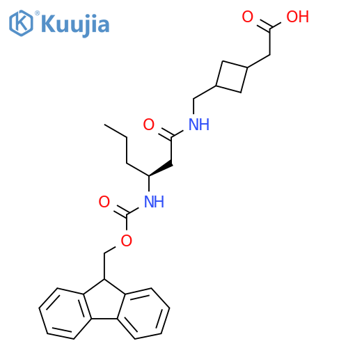 2-(3-{(3S)-3-({(9H-fluoren-9-yl)methoxycarbonyl}amino)hexanamidomethyl}cyclobutyl)acetic acid structure