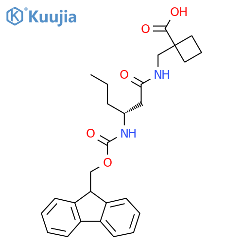1-{(3R)-3-({(9H-fluoren-9-yl)methoxycarbonyl}amino)hexanamidomethyl}cyclobutane-1-carboxylic acid structure