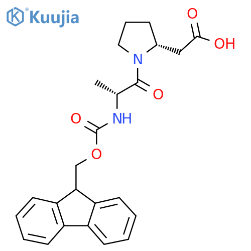 2-(2R)-1-(2R)-2-({(9H-fluoren-9-yl)methoxycarbonyl}amino)propanoylpyrrolidin-2-ylacetic acid structure