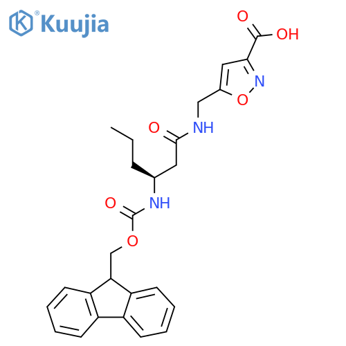 5-{(3S)-3-({(9H-fluoren-9-yl)methoxycarbonyl}amino)hexanamidomethyl}-1,2-oxazole-3-carboxylic acid structure