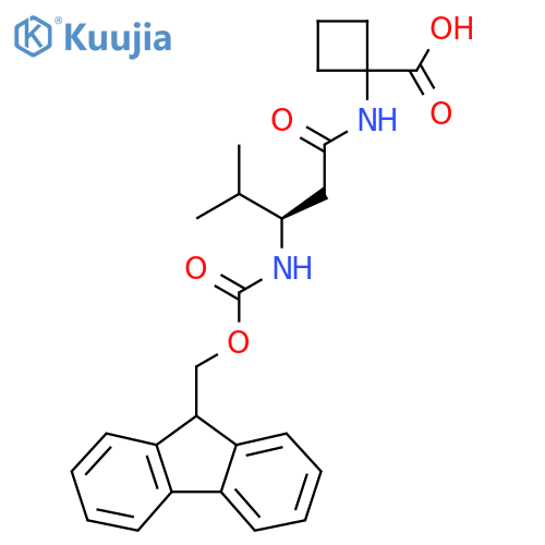1-(3R)-3-({(9H-fluoren-9-yl)methoxycarbonyl}amino)-4-methylpentanamidocyclobutane-1-carboxylic acid structure