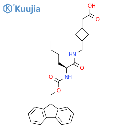 2-(3-{(2S)-2-({(9H-fluoren-9-yl)methoxycarbonyl}amino)hexanamidomethyl}cyclobutyl)acetic acid structure