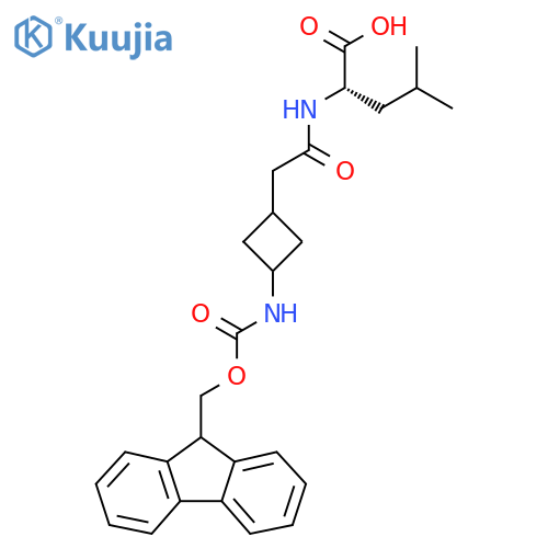 (2S)-2-{2-3-({(9H-fluoren-9-yl)methoxycarbonyl}amino)cyclobutylacetamido}-4-methylpentanoic acid structure