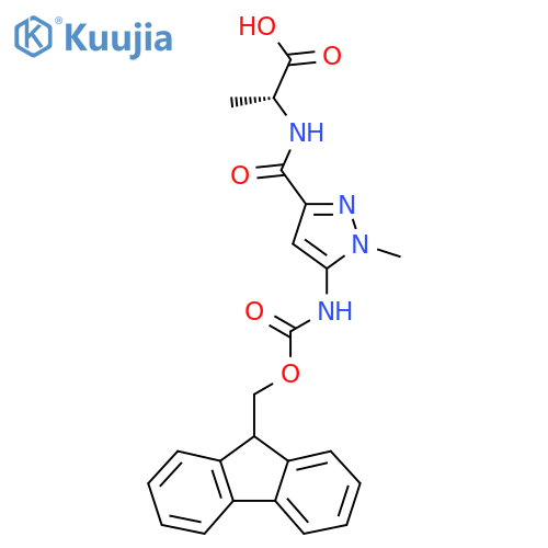 (2R)-2-{5-({(9H-fluoren-9-yl)methoxycarbonyl}amino)-1-methyl-1H-pyrazol-3-ylformamido}propanoic acid structure