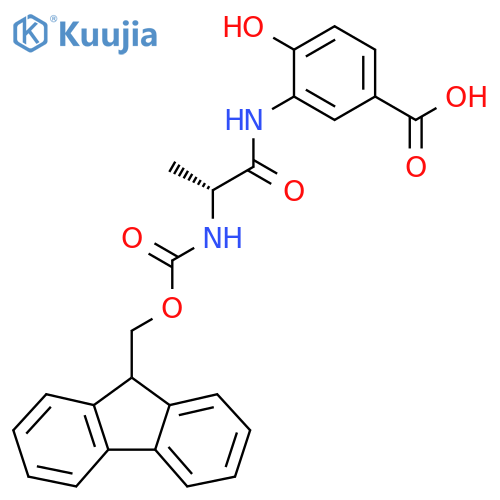 3-(2R)-2-({(9H-fluoren-9-yl)methoxycarbonyl}amino)propanamido-4-hydroxybenzoic acid structure